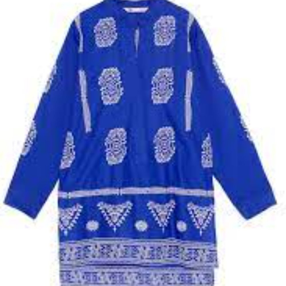 ZARA Embroidered Cotton Tunic Hi Lo Hem Blue with White Sz L/XL - Picture 2 of 13